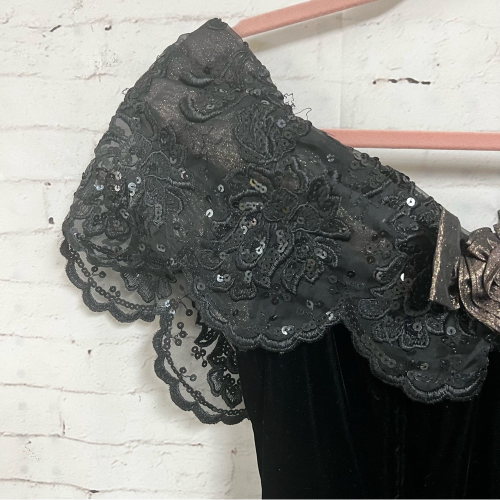 Vintage 1980’s Jessica McClintock Dress Size 6 Black Gold Velvet Metallic Full - Picture 4 of 14